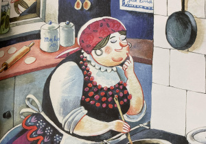 Ilustracja z książki przedstawiająca kucharkę.